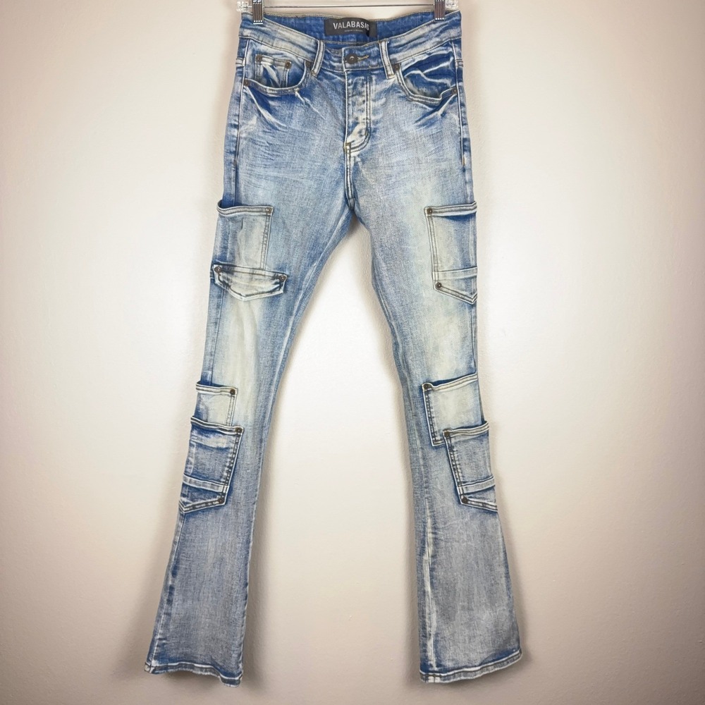 Valabasas Mens Cargo Flare Jeans Light Wash Distressed Y2K Stacked 29x35